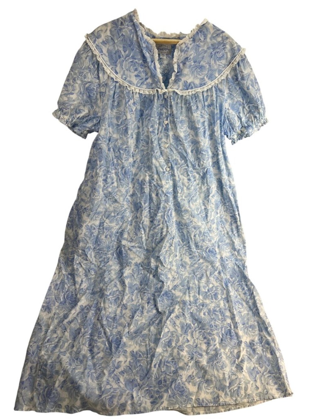 Lanz Of Salzburg XL Blue Floral Cotton Nightgown With Lace Trim Button Front Sho